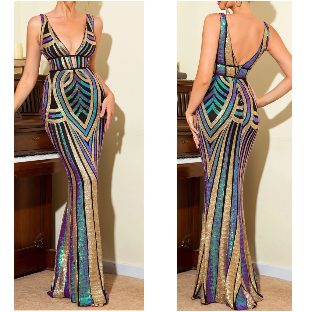 Luxe Sequin Multicolor Fitted Mermaid Hem Party Evening Wedding Dress